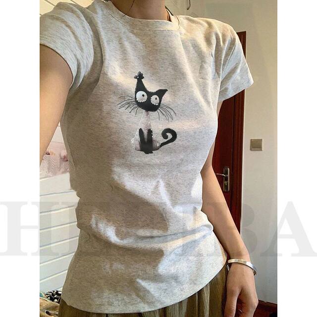 Gray round neck, right shoulder, short-sleeved T-shirt for women, summer pure cotton, new style, slim, high-end, western-style bottoming shirt, tops