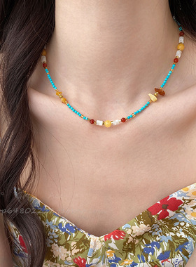绿松石串珠项链女复古艺术民族风颈链 小众高级感轻奢时尚锁骨链