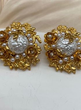 青岛中古vintage花朵套装电镀真金高品质立体花雕珍珠项链套装