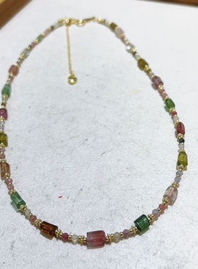 法式小众天然碧玺彩虹串珠锁骨链