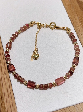 天然粉色系碧玺手链女ins珠子串珠简约原创设计碧玺算盘珠长方形