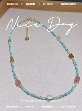 原创新中式绿松石碧玺叠戴锁骨链