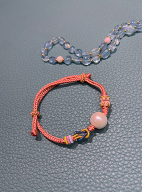 天然珍珠粗绳手工编织手链民族风中国风原创设计小众女橘红色