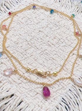 天然彩色多宝14K包金色锁骨链