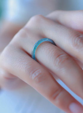 蓝水料翡翠戒指a货新中式古风天然石玉石素圈指环diy美人戒圈