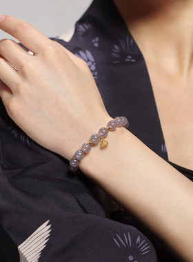 保真冰种烟紫天然和田玉手链s925银莲蓬玉石圆珠单圈手串饰品