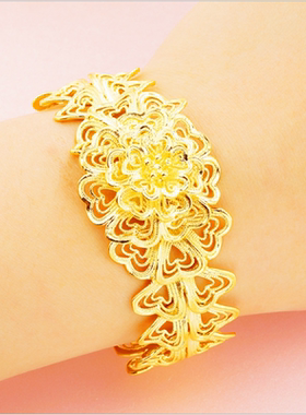 越南沙金手镯女久不掉色镂空花首饰沙金纯黄金色新娘结婚镯子