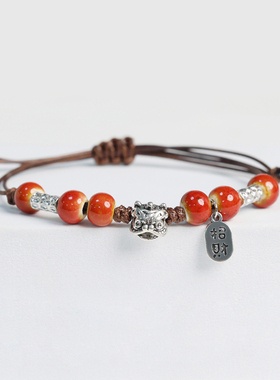 又萌又酷小醒狮手链国潮风复古陶瓷男女手绳编织好运手串新款百搭