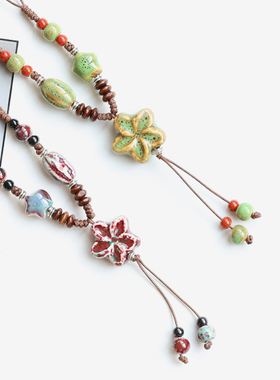 民族风景德镇陶瓷串珠项链女瓷珠编织吊坠古风中式配饰毛衣链长款