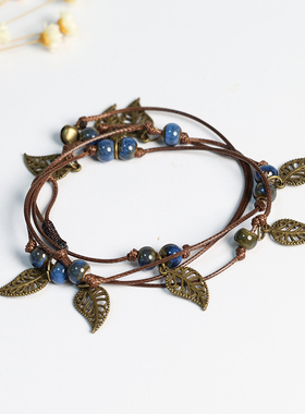 森系民族风陶瓷手绳景德镇手链女波西米亚风铃铛手串古风百搭气质