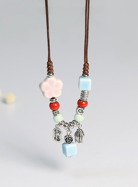 民族风新中式陶瓷项链景德镇瓷珠串珠毛衣链招财纳福吊坠古风配饰