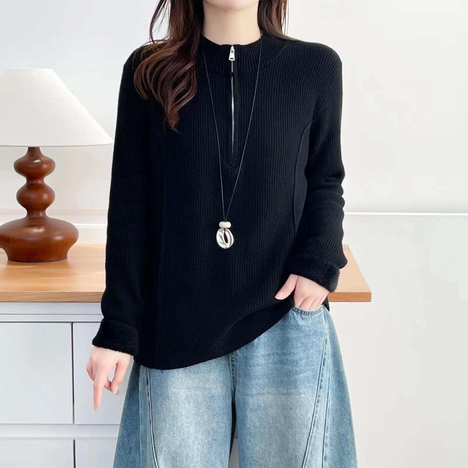 大码女装胖妹妹冬装2025针织衫纯色遮肉加绒拉链半高领中年上衣女,淘宝优惠券,粉丝福利购,淘宝优惠卷