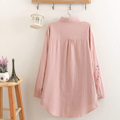 大码女装2025胖mm秋装棉麻衬衫女宽松大码长袖绣花衬衣中长款上衣 - 图0