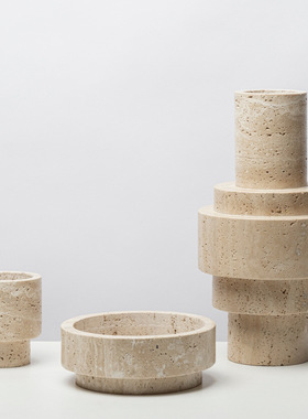 极简侘寂风黄洞石摆件餐桌烛台装饰品天然大理石花瓶花器托盘饰品