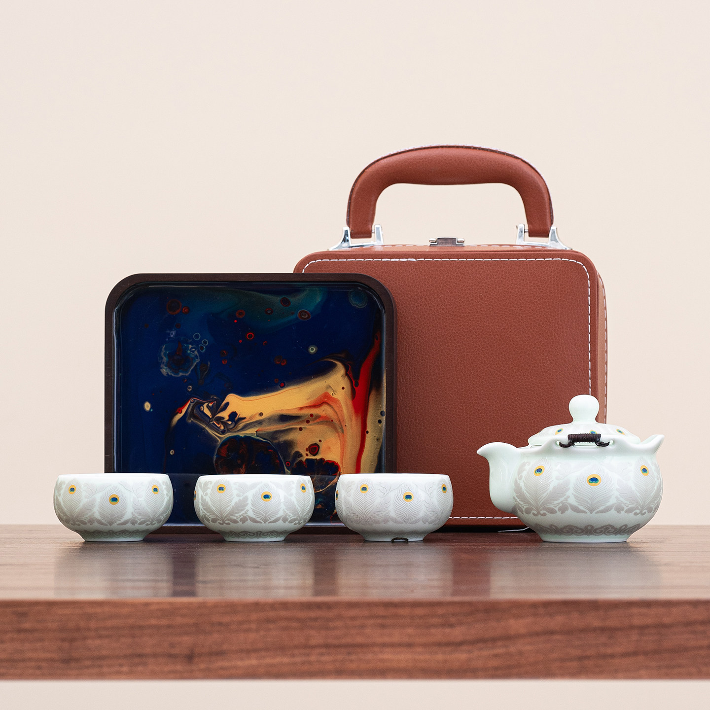 旅行茶具一壶三杯便携式快客杯户外露营茶壶茶杯带手绘仿大漆茶盘,淘宝优惠券,粉丝福利购,淘宝优惠卷