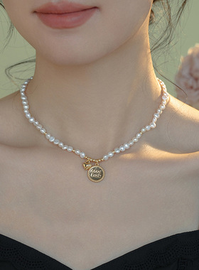 巴洛克异形小颗粒淡水珍珠项链女幸运许愿牌爱心吊坠时尚锁骨颈链