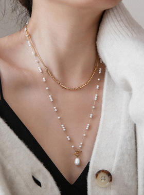 欧美长款仿珍珠OT扣淡水珍珠毛衣