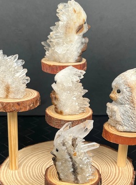 新品天然水晶白水簇刺猬雕刻件办公室桌面品摆件送人