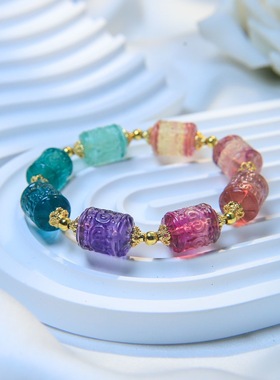 天然彩桶珠手链雕刻回纹水晶多宝彩虹西瓜色手串女生生日