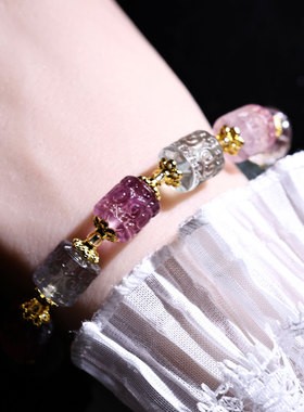 水晶 天然彩虹回纹珠手链 新中式雕刻桶珠手串显白