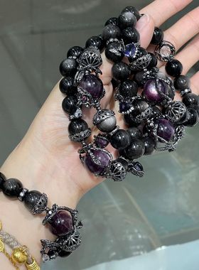原创天然黑银曜石水晶紫里云母手链女生大颗粒个性设计串珠