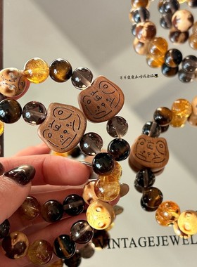 【焦糖布丁猫】原创天然黄虎眼黄塔晶桃木线条猫手串美拉德文玩把
