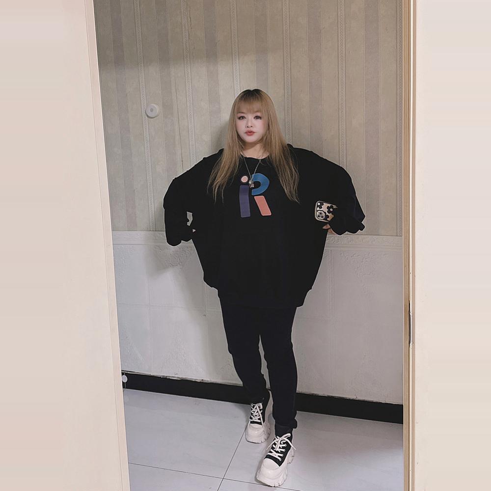 500斤春秋单衣or加绒字母印花圆领卫衣保暖上衣hello胖妞大码女装 - 图1