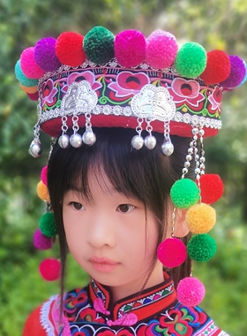 儿童毛球三银锁绣花女童帽子