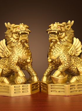 黄铜八卦麒麟摆件一对客厅办公室