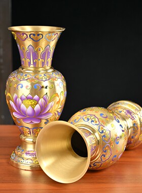 纯铜景泰蓝财神供佛花瓶一对