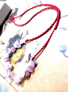 阿福珠宝 天然草莓晶水晶原石水晶原创编织藏式手搓棉线项链