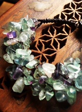 福百瑞珠宝天然彩色萤石碎石手编复古美搭蜡绳手链