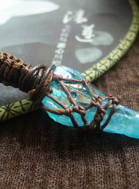 福百瑞珠宝网兜石【旅途】天然电镀湖蓝水晶骨干手作蜡绳水晶萤石