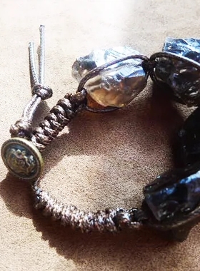 福百瑞珠宝天然茶水晶原石手编螺旋纹复古美搭蜡绳手链