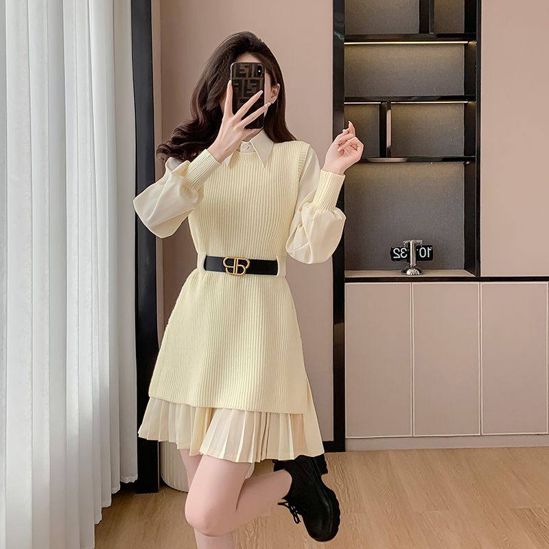 法式针织连衣裙新款女装收腰赫本风气质款两件套网红款打底毛衣女,淘宝优惠券,粉丝福利购,淘宝优惠卷