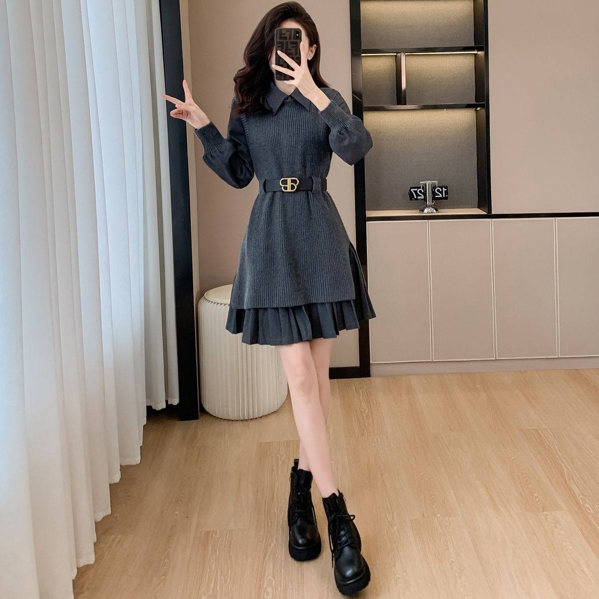 法式针织连衣裙新款女装收腰赫本风气质款两件套网红款打底毛衣女,淘宝优惠券,粉丝福利购,淘宝优惠卷