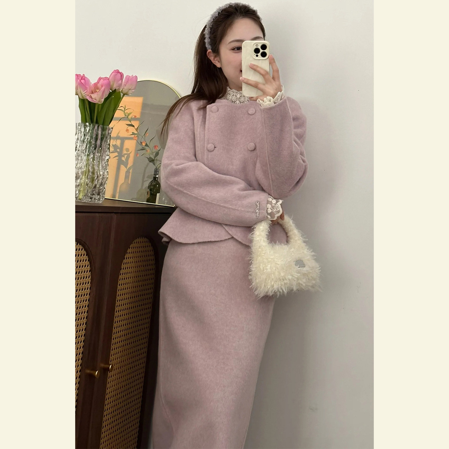 轻熟简约风双排扣粉色套装裙女秋冬季小香风毛呢外套半身裙两件套,淘宝优惠券,粉丝福利购,淘宝优惠卷