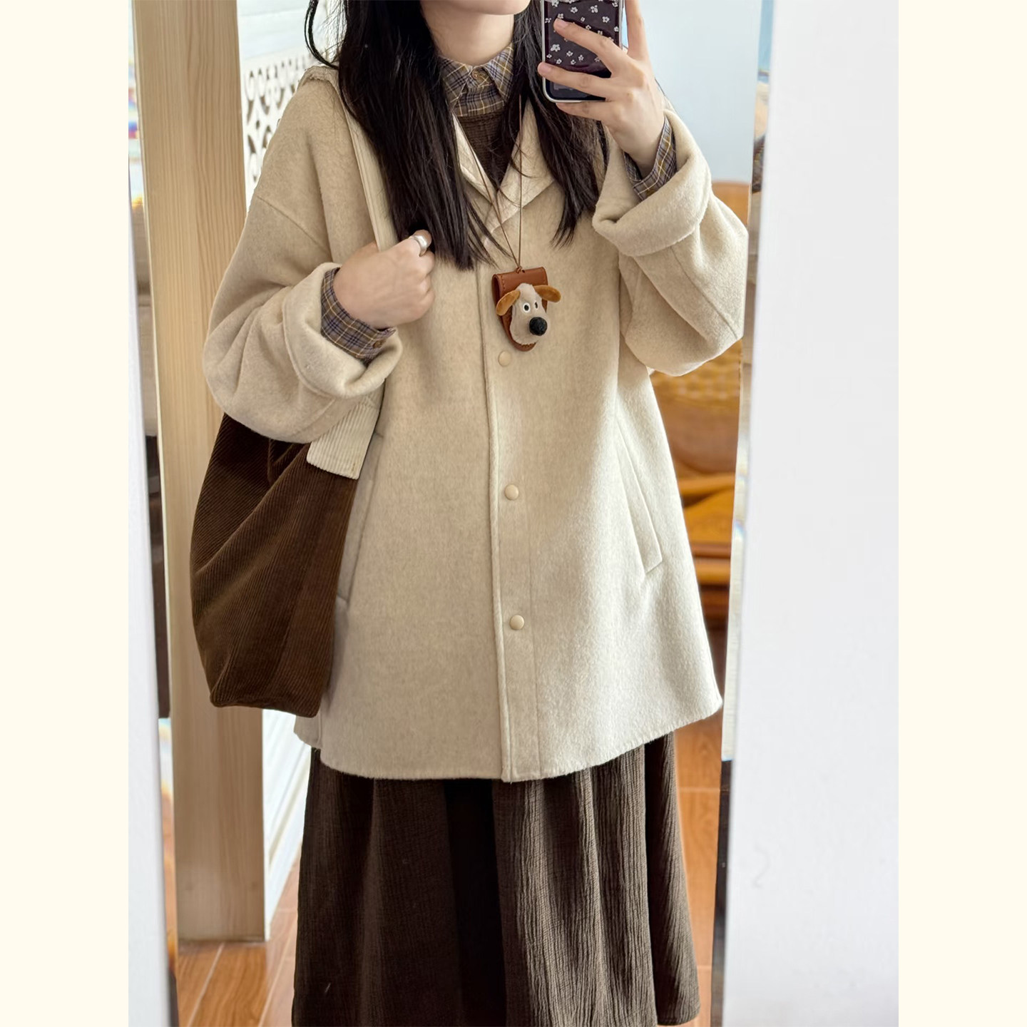 韩版米白色连帽毛呢外套女秋冬小个子中长款单排扣温柔风呢子大衣,淘宝优惠券,粉丝福利购,淘宝优惠卷