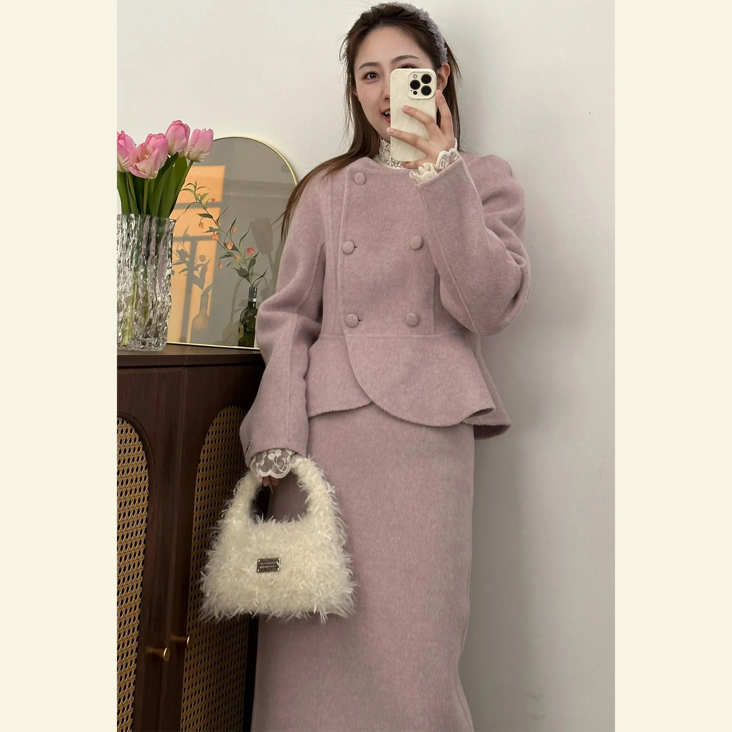 轻熟简约风双排扣粉色套装裙女秋冬季小香风毛呢外套半身裙两件套,淘宝优惠券,粉丝福利购,淘宝优惠卷