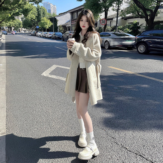 Korean version of small versatile lace-up strap collar tweed coat