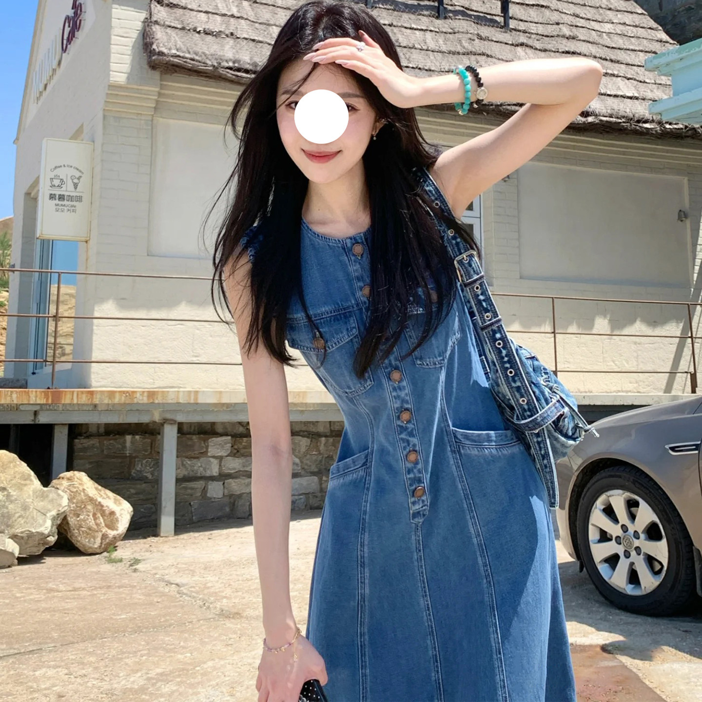 美式复古牛仔背心连衣裙女夏季新款小个子收腰显瘦减龄百搭中长裙