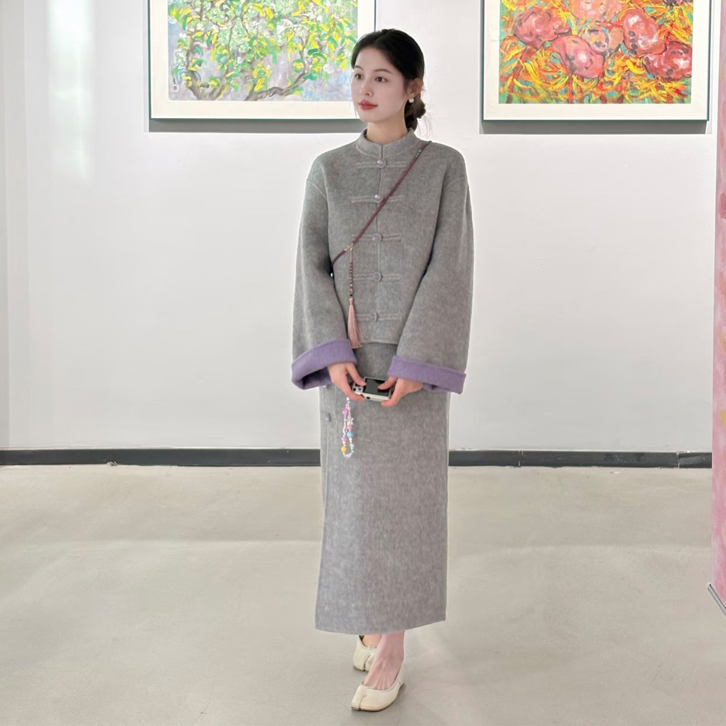 新中式立领撞色两件套女冬秋季长袖盘扣短款外套高开叉半身裙套装,淘宝优惠券,粉丝福利购,淘宝优惠卷