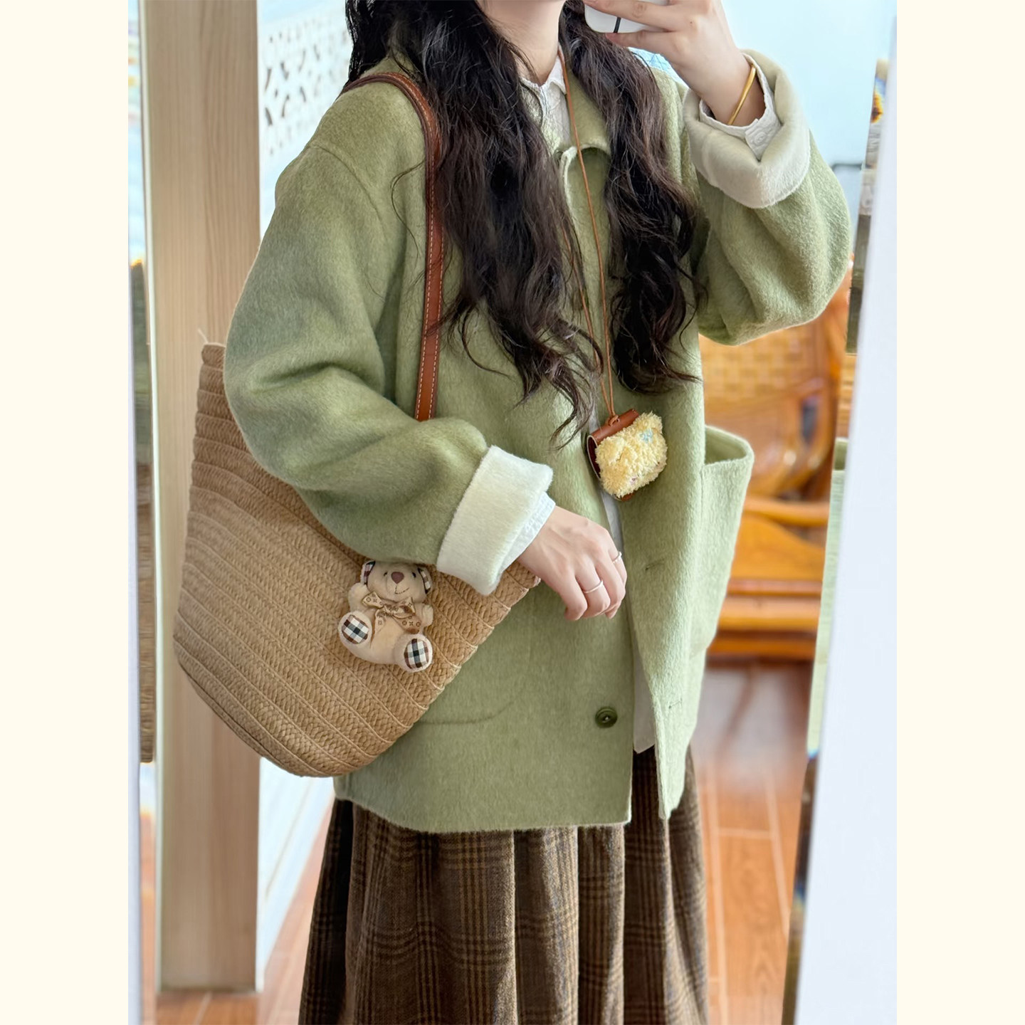 韩系简约风单排扣绿色翻领毛呢外套女小个子高级感显白呢子大衣,淘宝优惠券,粉丝福利购,淘宝优惠卷