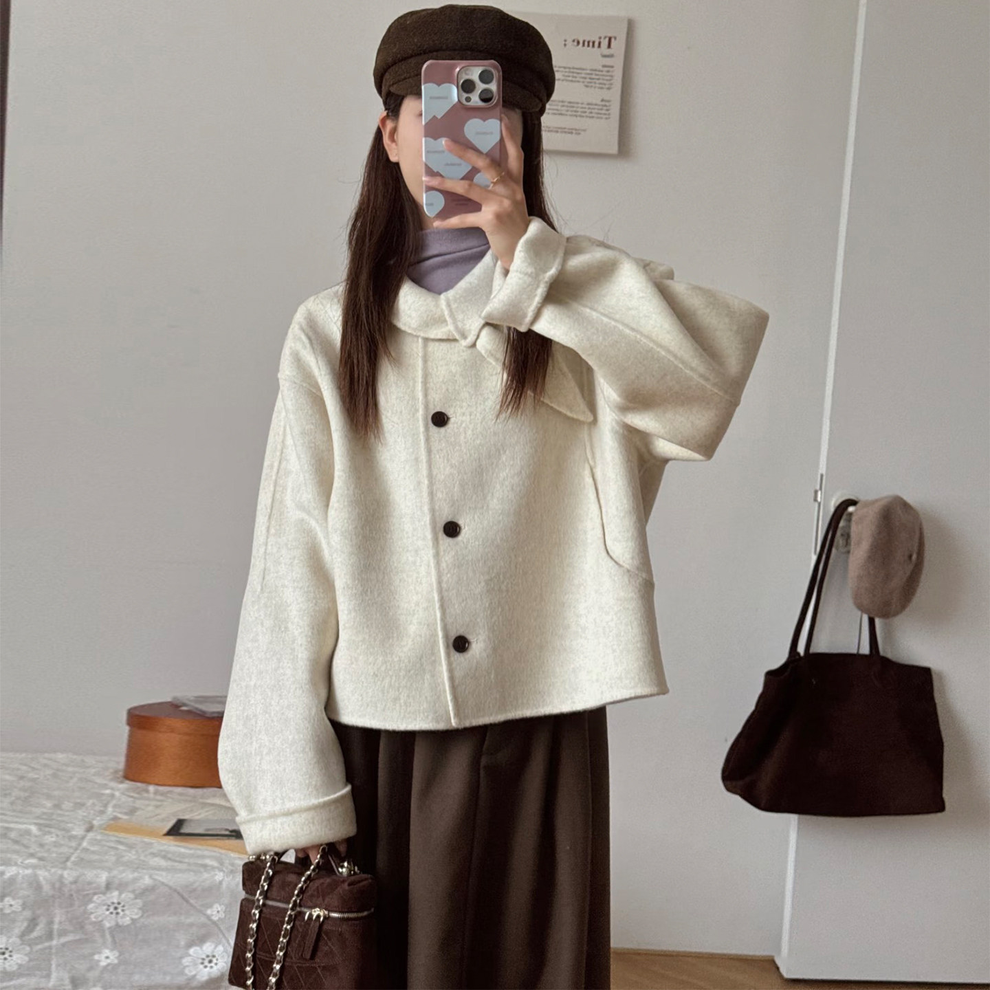 轻熟风兔耳朵领米白色毛呢外套女新款小个子宽松高级感呢子大衣,淘宝优惠券,粉丝福利购,淘宝优惠卷