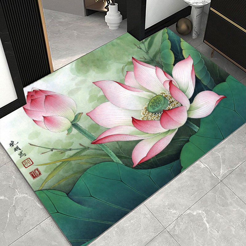 中式荷花入户门地垫PVC免洗可擦高端进门脚垫防滑门厅玄关蹭脚垫,淘宝优惠券,粉丝福利购,淘宝优惠卷