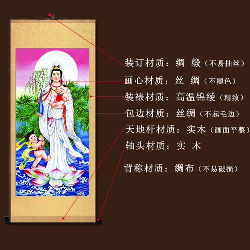 送子观音观世音画像佛堂寺庙挂画赐福坐莲卷轴丝绸画装饰画 - 图2