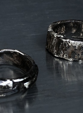 陨石纹理戒指白戒指黑白戒指手工银饰小众设计先锋定制婚戒钻戒