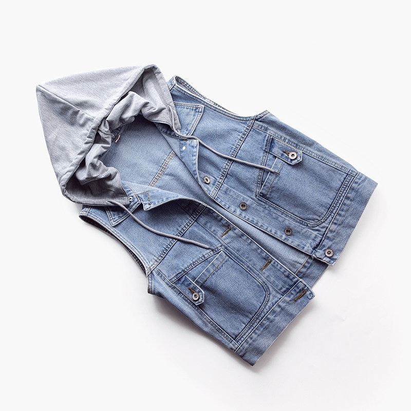 2024春秋新款修身连帽牛仔马甲女短款单排扣无袖坎肩百搭学生上衣,淘宝优惠券,粉丝福利购,淘宝优惠卷