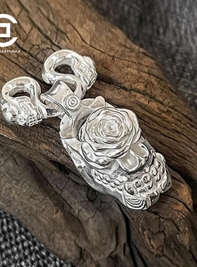 手工mrduworks玫瑰骷髅吊坠纯银
