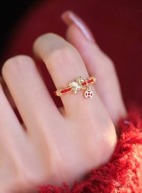 红色马吊坠本命年戒指女款可调节